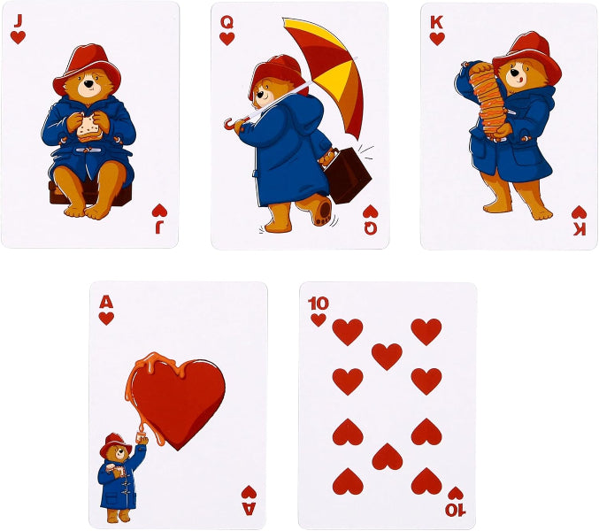 Set of playing cards featuring Paddington Bear in various poses on a white background.