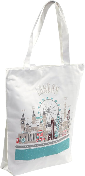 White tote bag with London skyline design on a white background