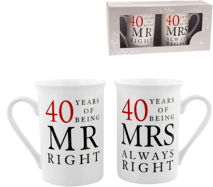 Amore by Juliana 40th Set of 2 China Mugs 'Mr Right & Mrs Always Right'