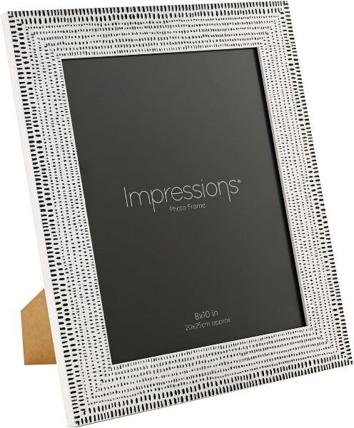 An 8x10 inch white textured photo frame with a decorative border and a small gold-toned easel stand, shown on a white background.