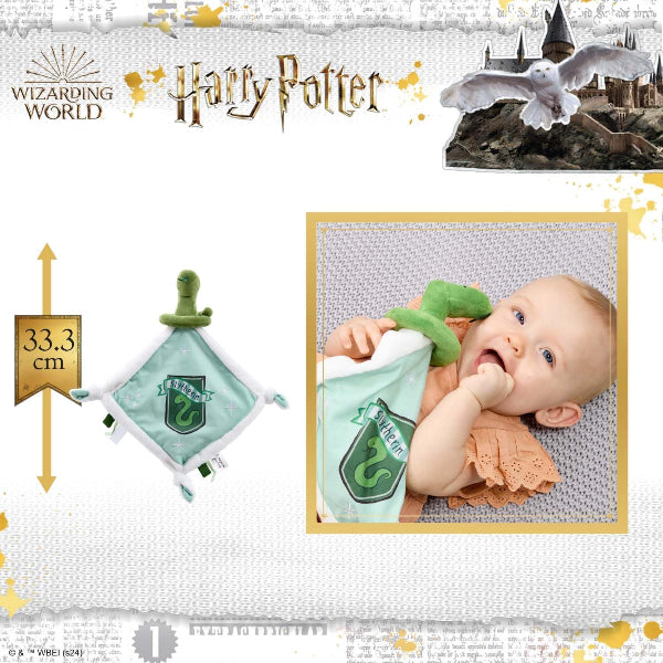 Baby with Harry Potter-themed comfort blanket and baby rattle, with 'Harry Potter' branding and a castle in the background.