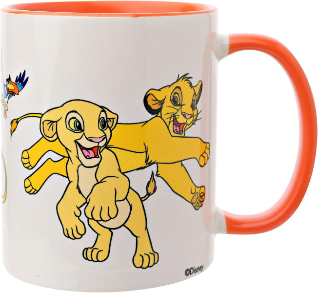 A white ceramic mug with a bright orange handle and interior rim, featuring cartoon Simba and Nala from The Lion King printed on the front. A small Disney logo is visible near the bottom right.