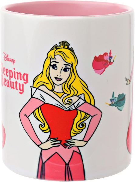 A white ceramic Disney Sleeping Beauty mug featuring an illustration of Princess Aurora with her signature yellow hair, red and pink gown, and the Disney logo and title printed on the side.