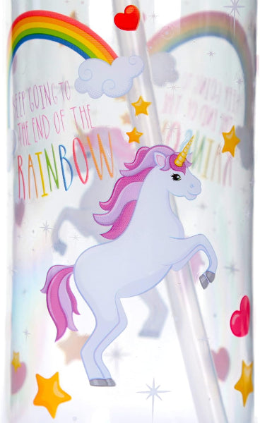 Unicorn design with rainbow text and stars on a white background