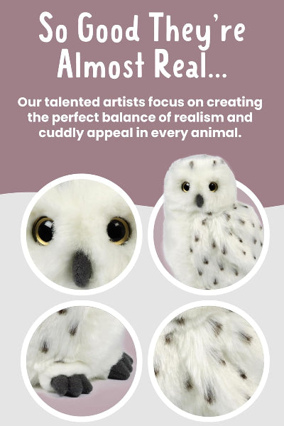 Plush owl toy with close-up details on a light purple background, text about artist focus.