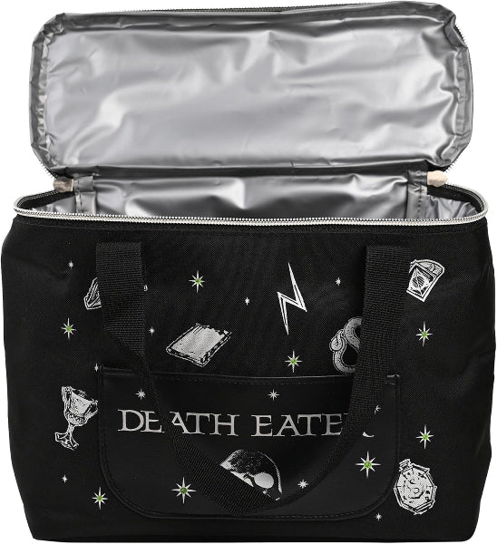 Black bag with embroidered designs and 'DEATH EATER' text, open to reveal silver interior.