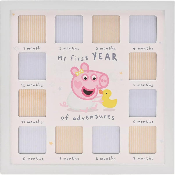Baby milestone card with cartoon pig and duckling design, labeled for each month of a baby's first year.
