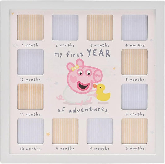 Baby milestone card with cartoon pig and duckling design, labeled for each month of a baby's first year.