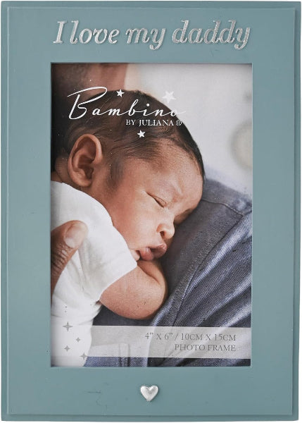 Blue photo frame with a baby and text 'I love my daddy' and 'Bambino by Juliana'.