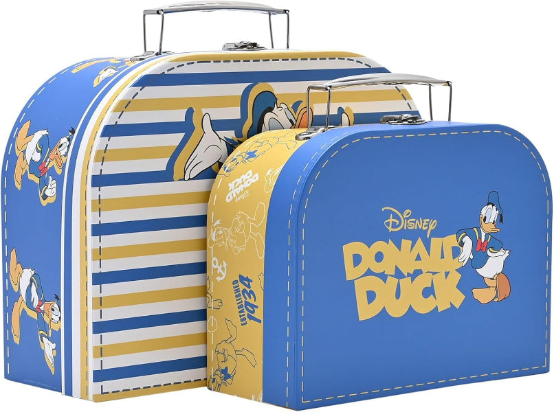 Two blue and yellow Disney Donald Duck suitcases with cartoon character illustrations on a white background.