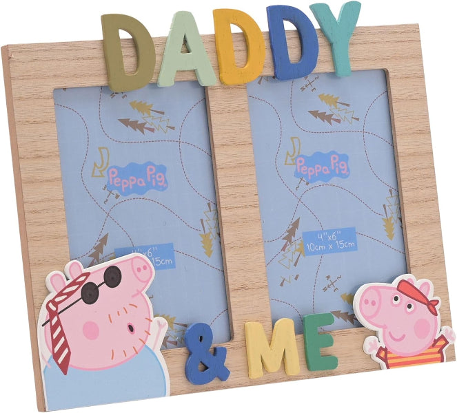 Wooden photo frame with 'Daddy & Me' text and Peppa Pig characters on a white background