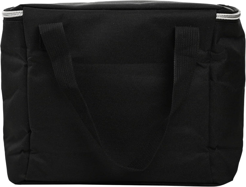 Black tote bag with a zipper on a black background