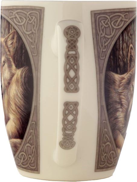 Mug with wolf design and Celtic knot patterns on a white background