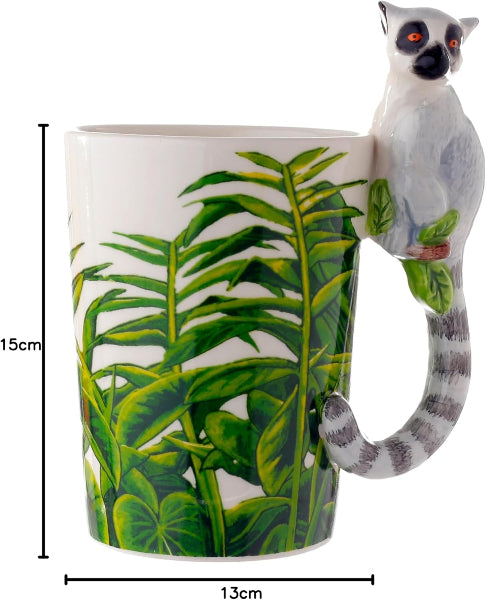 Mug with lemur design and leaf pattern, featuring measurements.