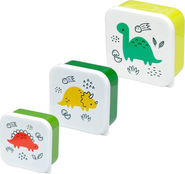 Set of four small square containers with dinosaur illustrations on a white background