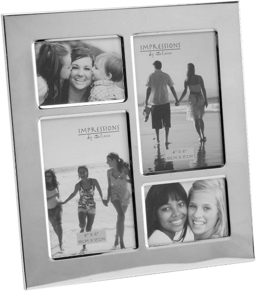 Silver multi-picture frame with four photo slots displaying various images.