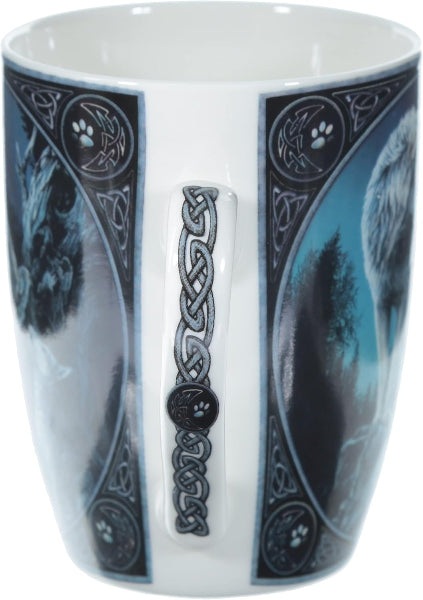 Mug with wolf design and Celtic knot patterns on a white background
