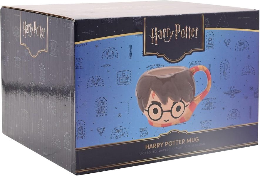Box packaging of a Harry Potter mug with character design on a blue background