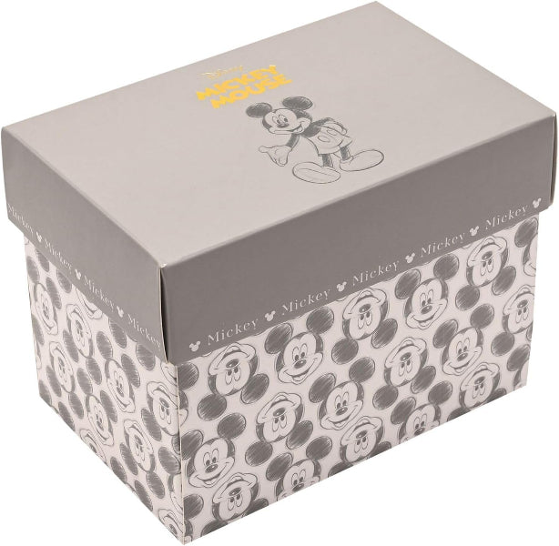 A Mickey Mouse branded gift box with a gray lid featuring a Mickey illustration and a patterned base with repeating Mickey head silhouettes on a white background.
