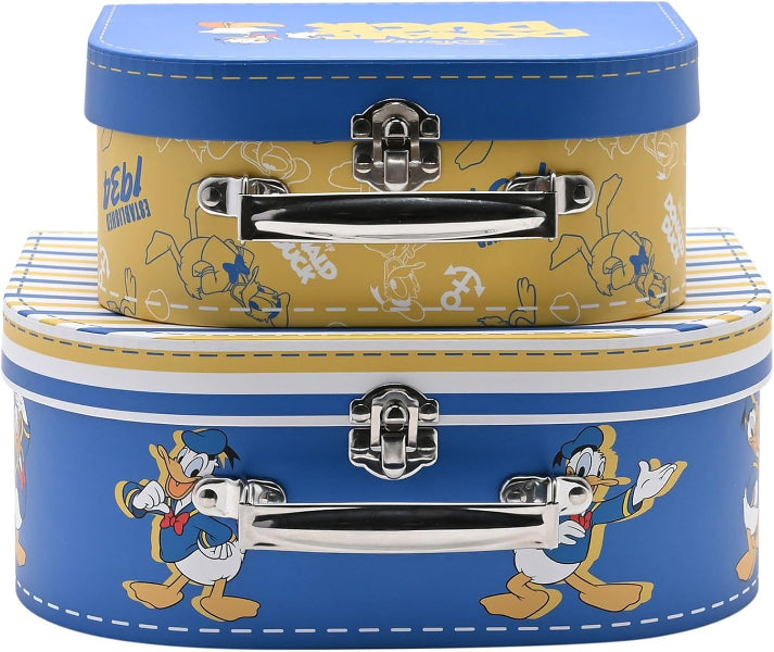 Two stacked cylindrical cases with cartoon character design on a white background