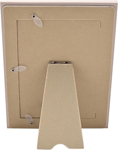 The back of a square picture frame in a textured champagne gold finish, showing the mounting holes and a fold-out stand, isolated on a white background.