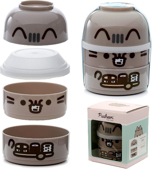 Set of cartoon cat-themed bowls and a stackable container with packaging.