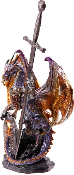 Dragon figurine holding a sword on a white background