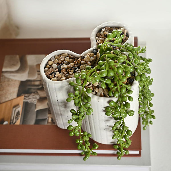 Heart-shaped ceramic planter with a succulent plant on a wooden surface.