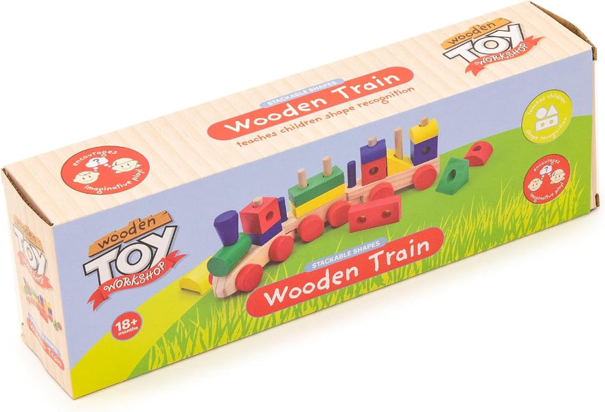 Box of a wooden train toy with colorful train figures on a white background