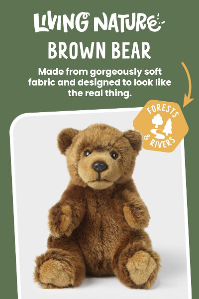 Plush brown bear toy on a white background with text about its material and design.