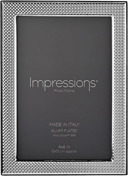 Silver-plated photo frame with 'Impressions' branding on a gray background