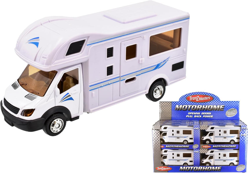 Model of a toy motorhome with packaging on a white background