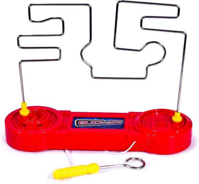 Red maze toy with metal tracks and yellow handles on a white background