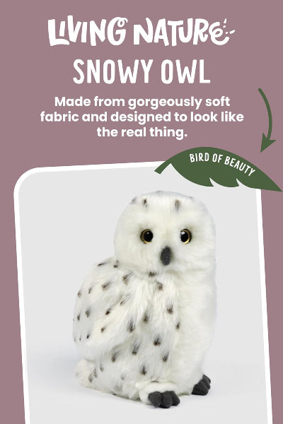 Plush snowy owl toy with promotional text on a purple background