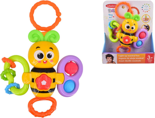 Colorful baby toy shaped like a bee with packaging in the background