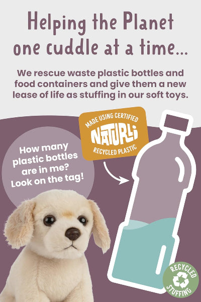 Stuffed dog toy made from recycled plastic bottles with text about sustainability on a purple background.