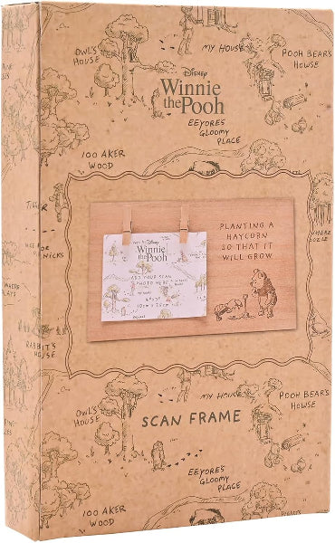 Disney Winnie the Pooh scan frame gift set in a kraft-paper style box with illustrated character drawings and a small sample of the printed scan frame visible through a clear window.