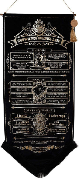Decorative banner with Hogwarts School List design on a black background