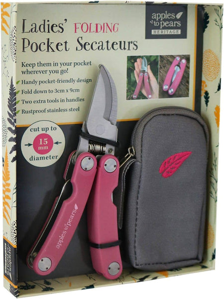 Apples to Pears Folding Pocket Secateurs with a gray zippered pouch, displayed in its retail packaging box.