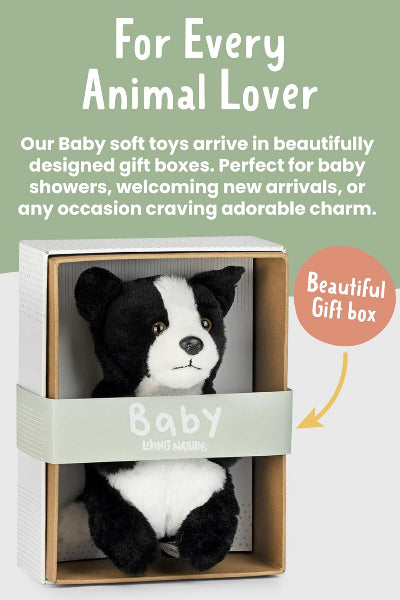 Black and white baby soft toy in a gift box with text about animal lovers and baby showers.