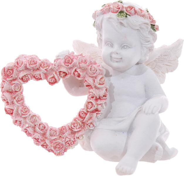 Ceramic angel figurine with floral heart and wings on a white background