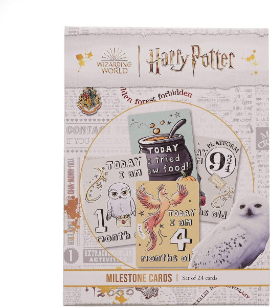 Box of Harry Potter milestone cards with various designs and text.