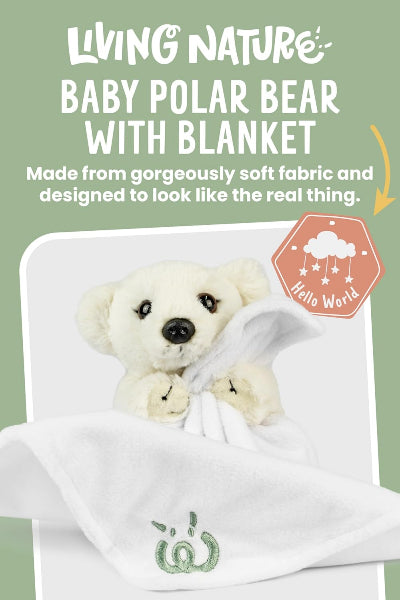 Baby polar bear plush toy with blanket on a green background, featuring Living Nature branding.
