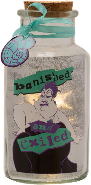 Glass jar with cork lid featuring a cartoon character and text 'banished and exiled' on a white background.
