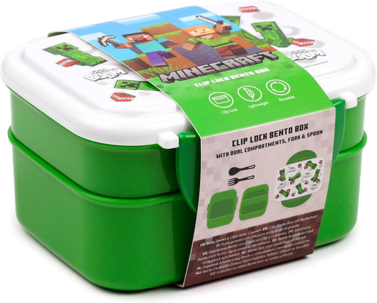 Green bento box with Minecraft design on a white background
