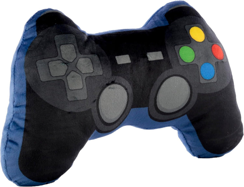 Plush toy shaped like a gaming controller with blue and black colors