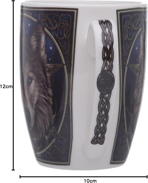 Decorative mug with wolf design and measurements shown
