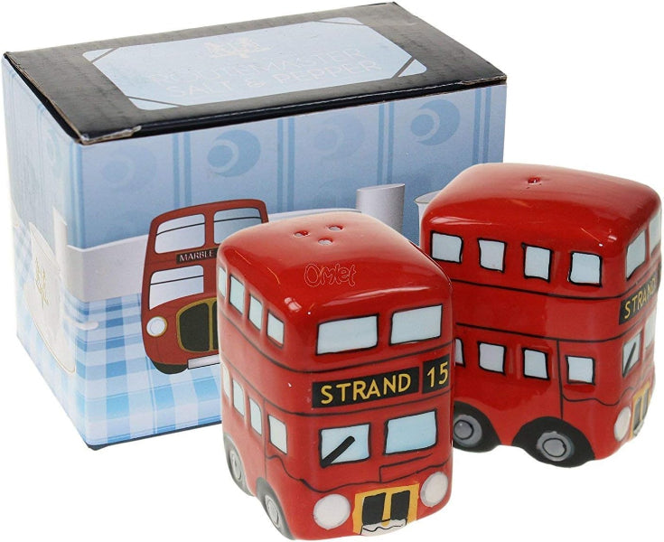 Red double-decker bus-shaped salt and pepper shakers with a matching box.