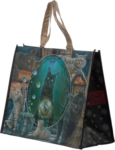 Tote bag with cat-themed design featuring a mirror and cats around it.