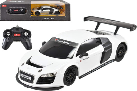 White Audi Sport RC car with black details and a remote control on a white background